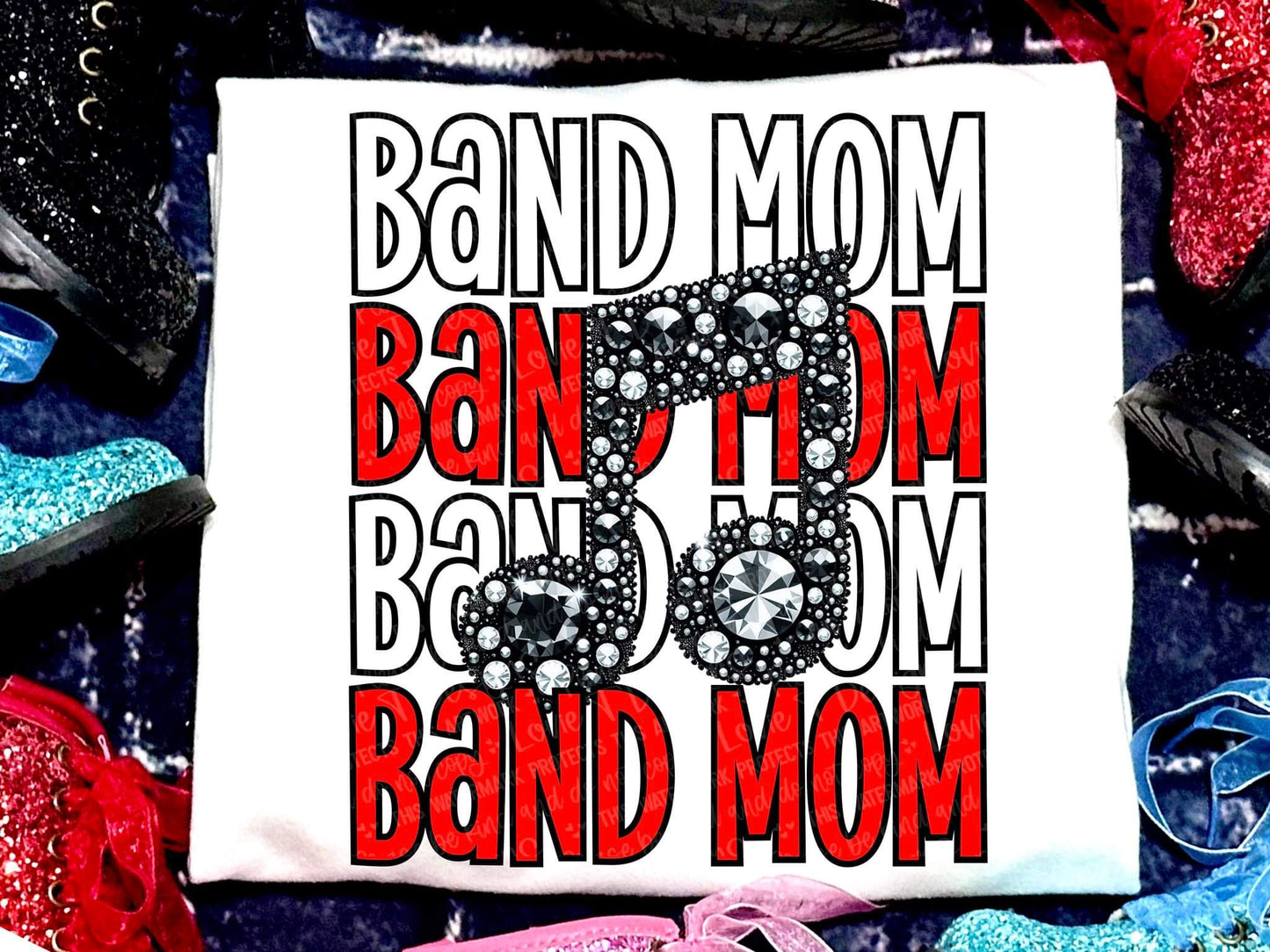 Band Mom Music Note Faux Sequin Stacked Apparel