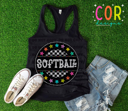Softball Colorful Star Checkered Circle Apparel