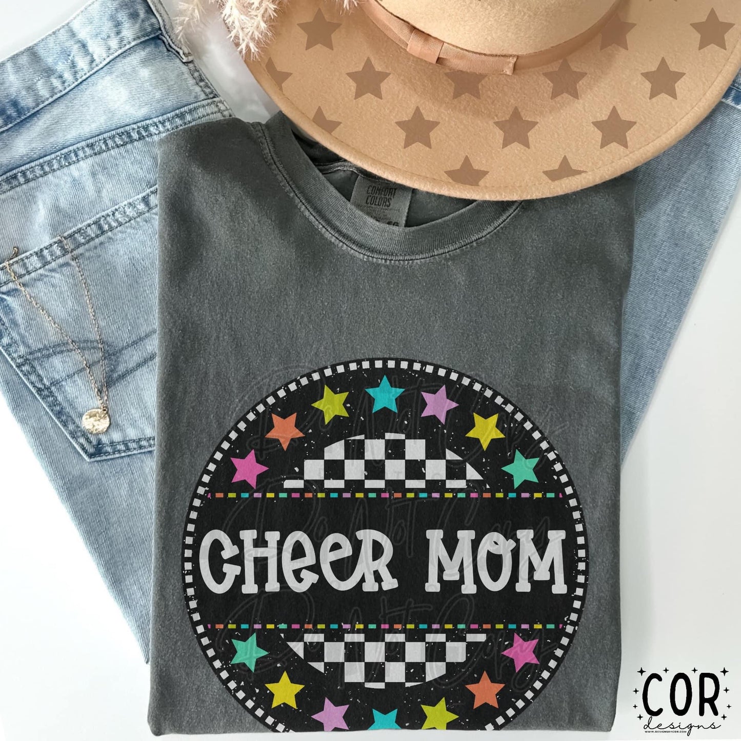 Cheer Mom Colorful Star Checkered Circle Apparel