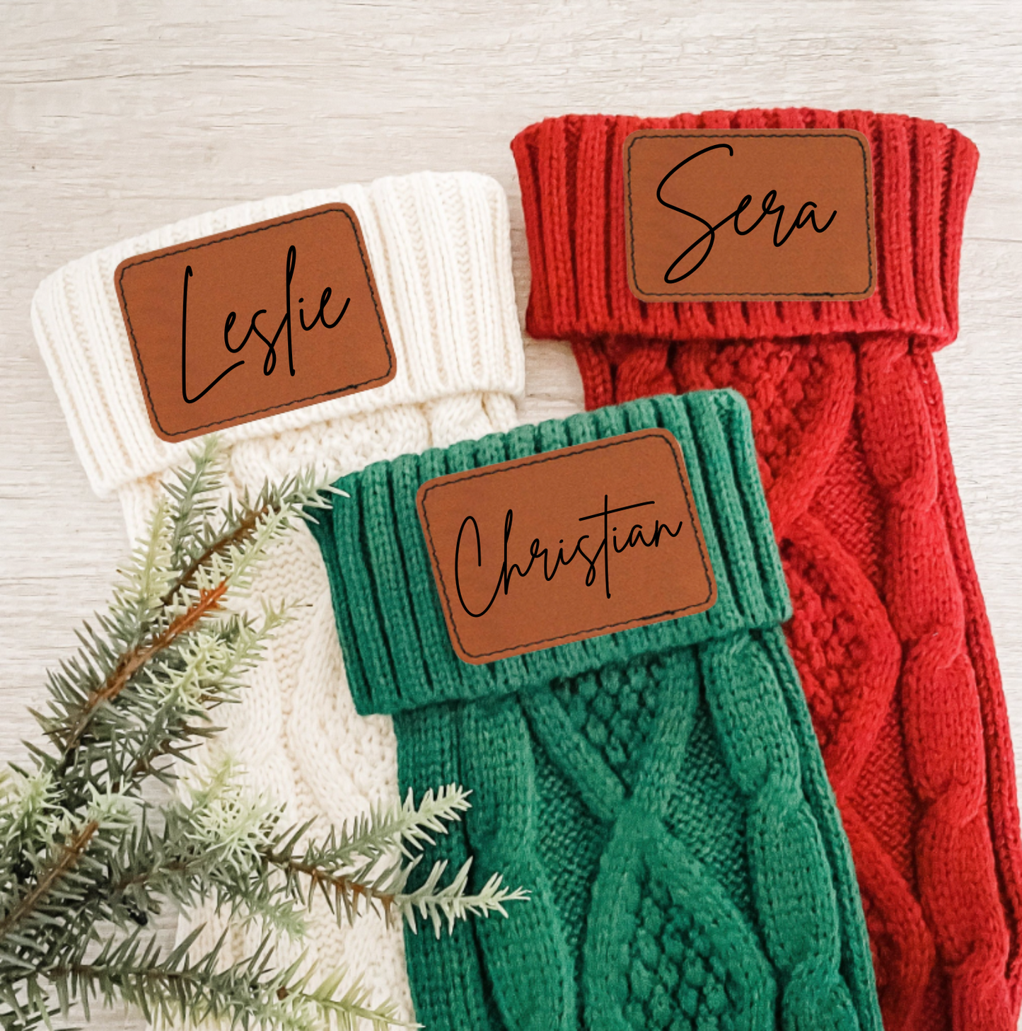 Cozy Knit Stockings with Custom Leather Patches
