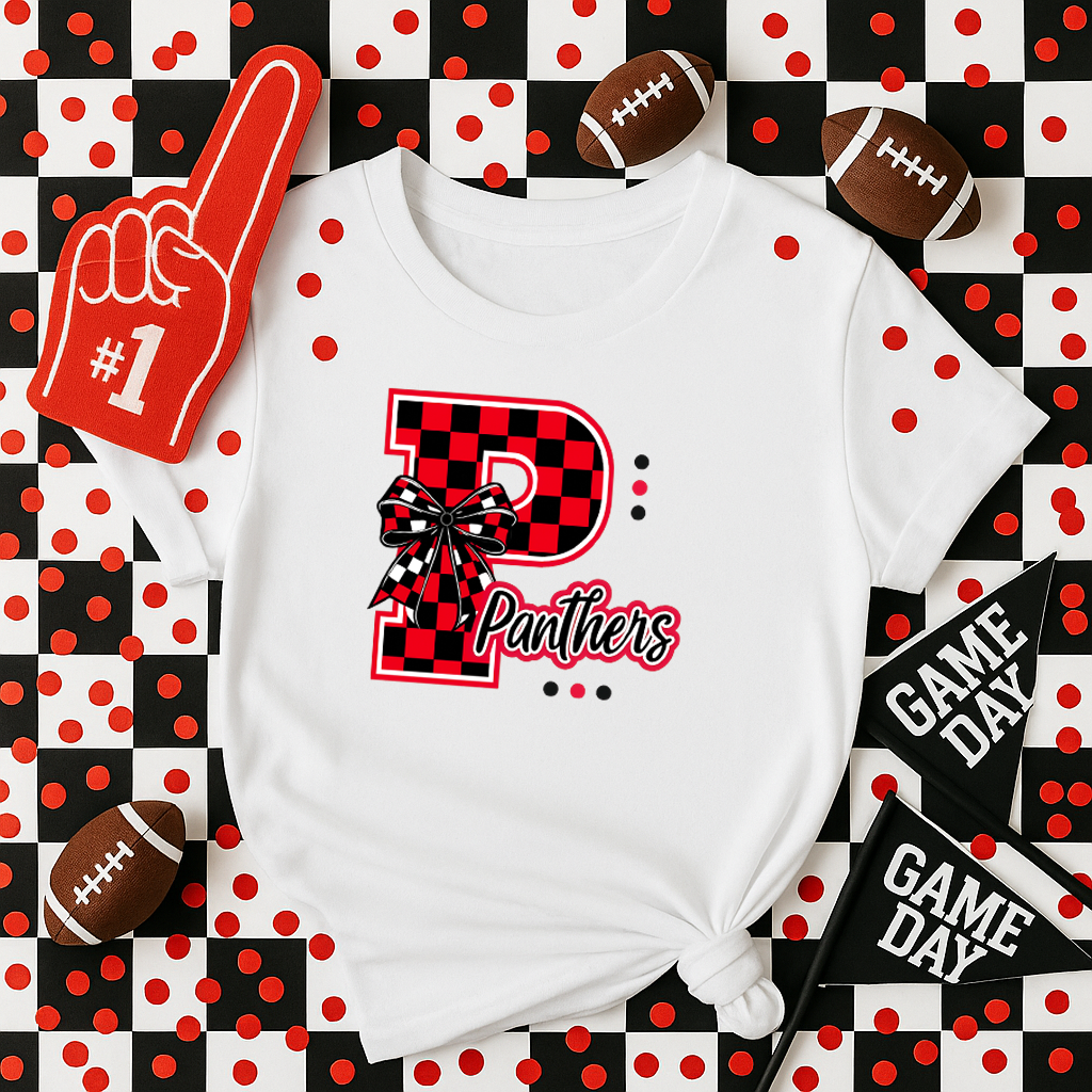 Panthers Checkered Letter/Bow T-Shirt