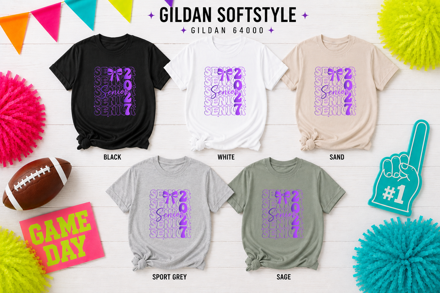 Senior 2027 | Neon Stacked Senior Bow T-Shirt